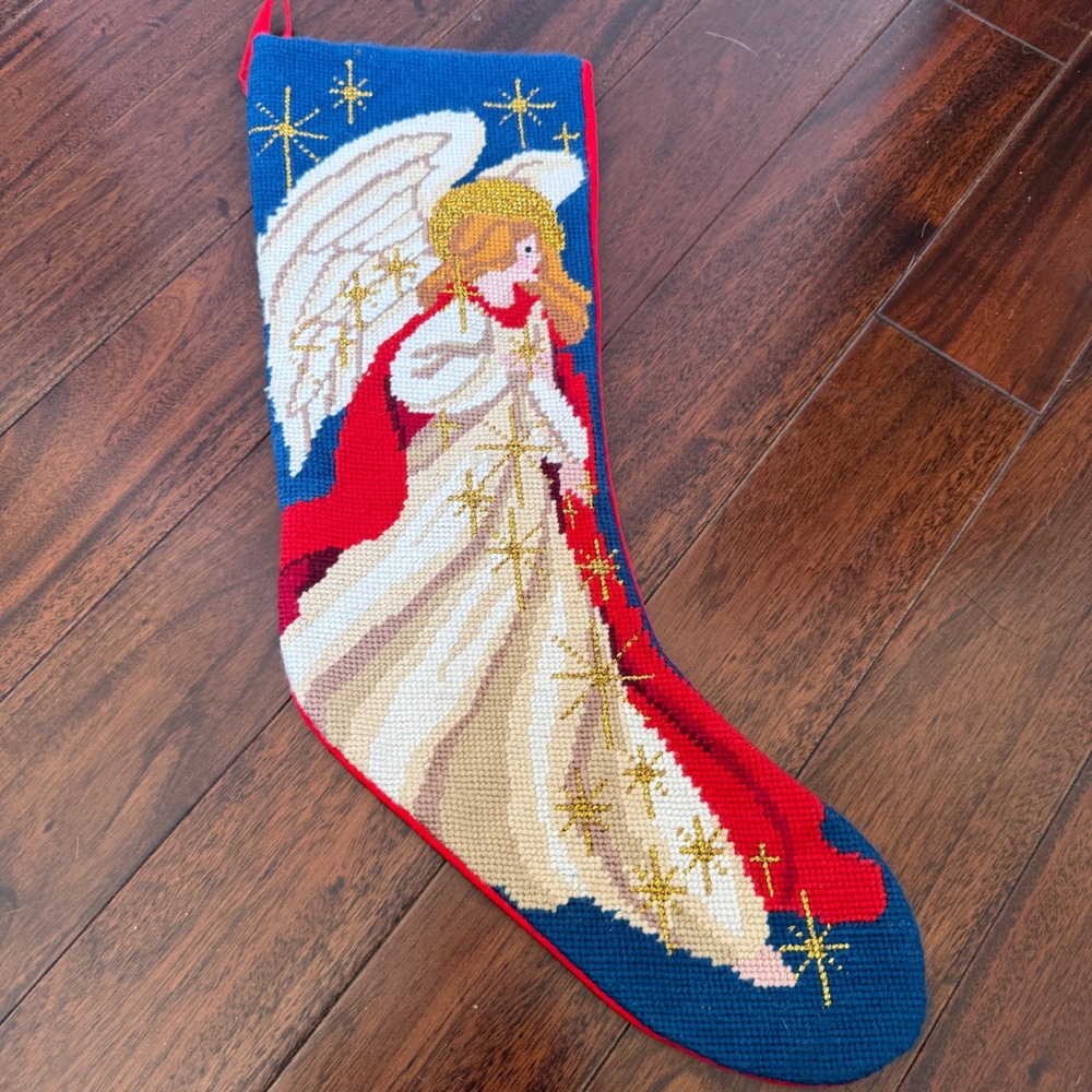 Vintage Needlepoint Angel Christmas Stocking Gold Accents Red Velvet Back